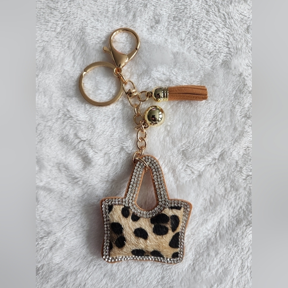 Leopard Print Purse Tote Keychain with Gold Accents